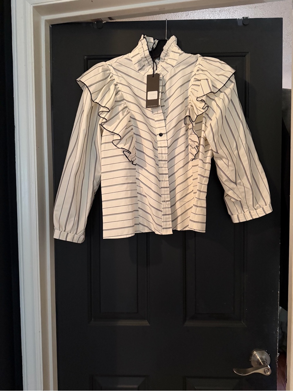 HUNTER BELL Cream and Black Striped Ruffle Blazer